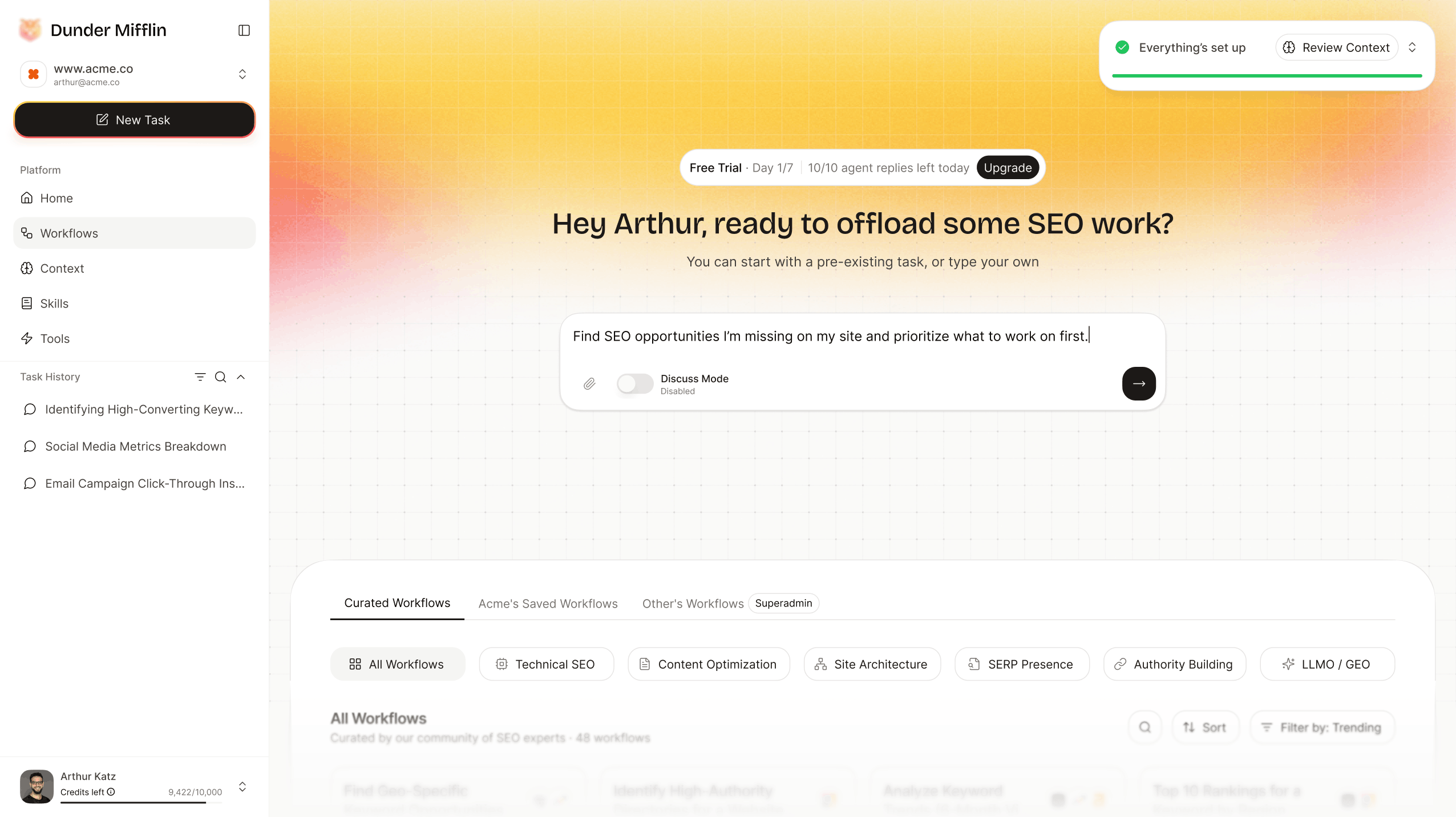 AI teammate workspace showing marketing platform interface with workflows