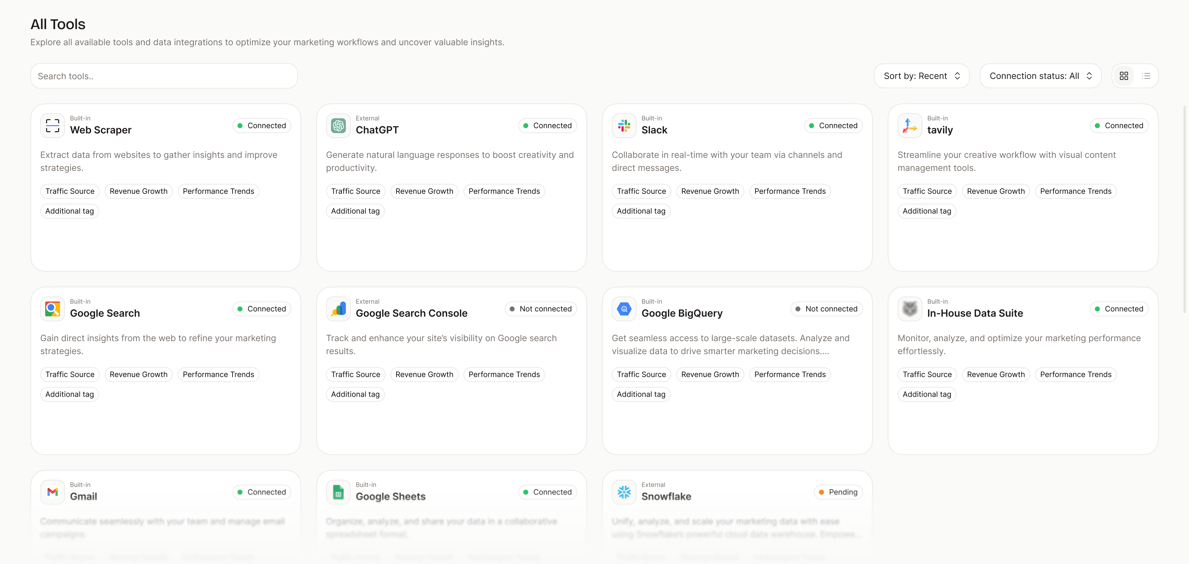 Tools interface showing available integrations and capabilities
