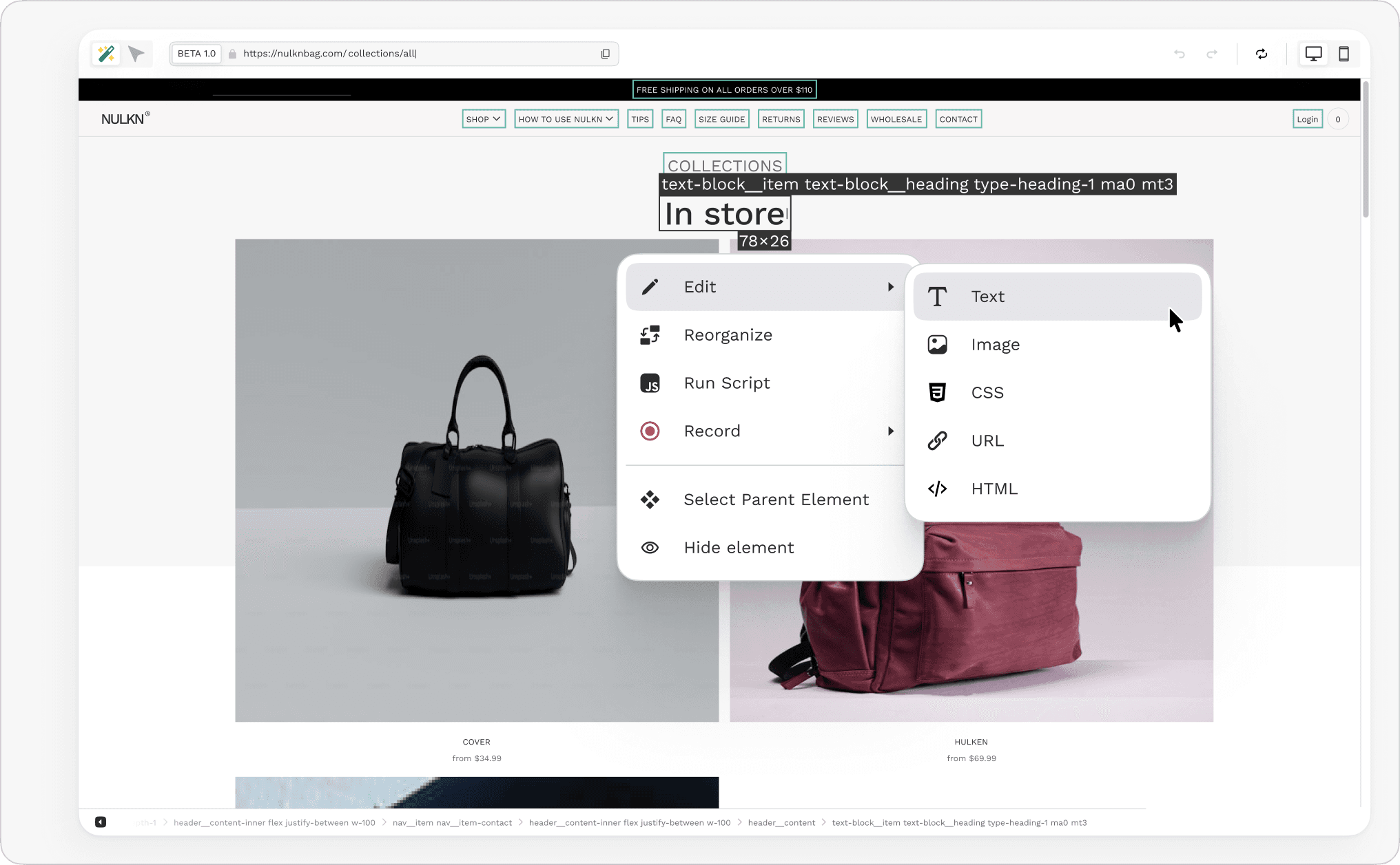 Close-up of the Twik visual editor showing element selection and edit menu